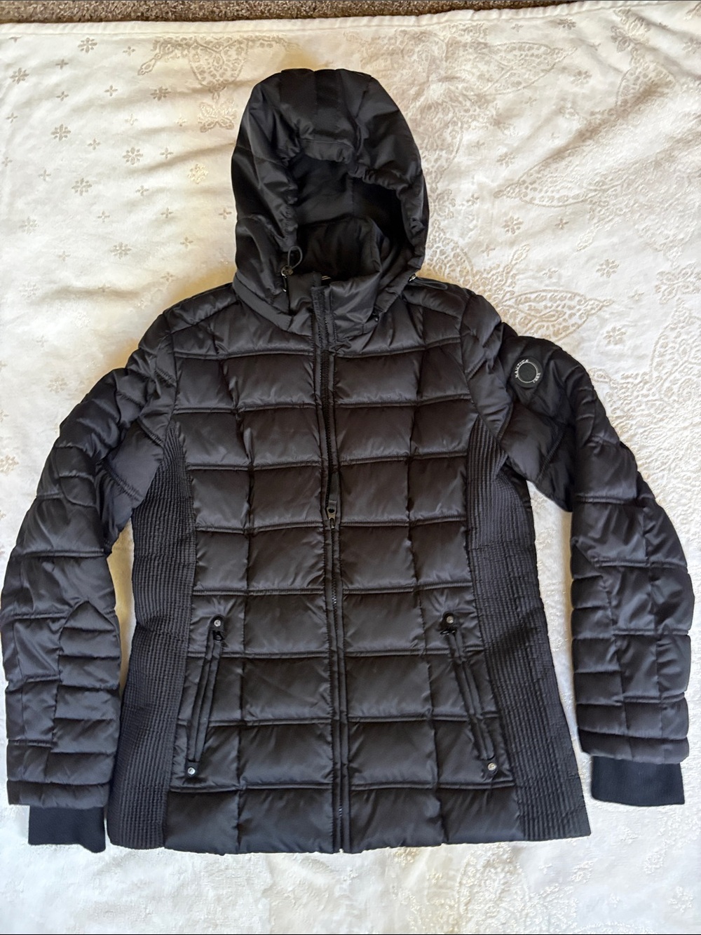 Nautica Black Quilted Hooded Puffer with Knit Side Panels